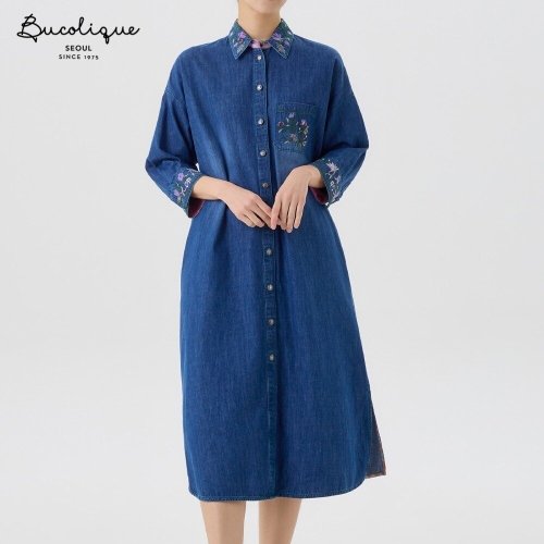 비꼴리끄 데님 자수 셔츠 원피스 B262DO2040