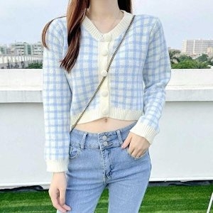 셀러허브 JHQP73R9_4B 체크패턴 여성가을가디건 크롭 도톰 데이트룩