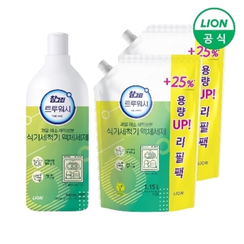 라이온코리아 참그린 트루워시 식기세척기 액체세제 920ml + 리필 1.15L (본품1개+리필2개)