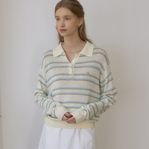 린넨 스트라이프 로고 카라 니트 Ivory HC26SP-KN02-IVO