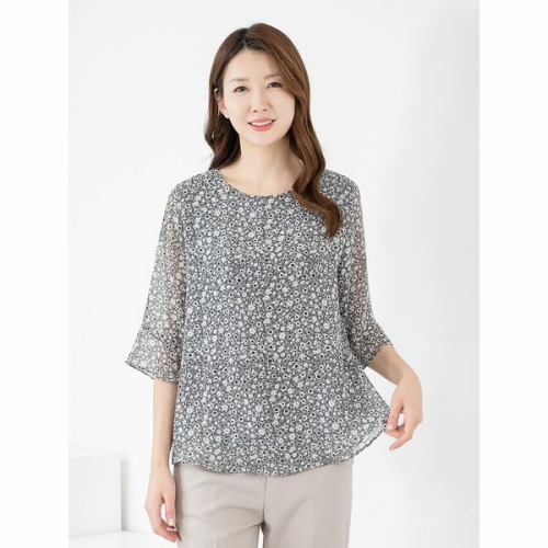 모슬린 엄마옷 블라우스 7부 쉬폰 라운드 잔꽃 MQG126655 마담 미시 중년여성 빅사이즈 할머니옷 50대 60대 70대_이미지