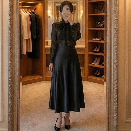 사틴 네벨린 기모 롱스커트 A라인 AA1278