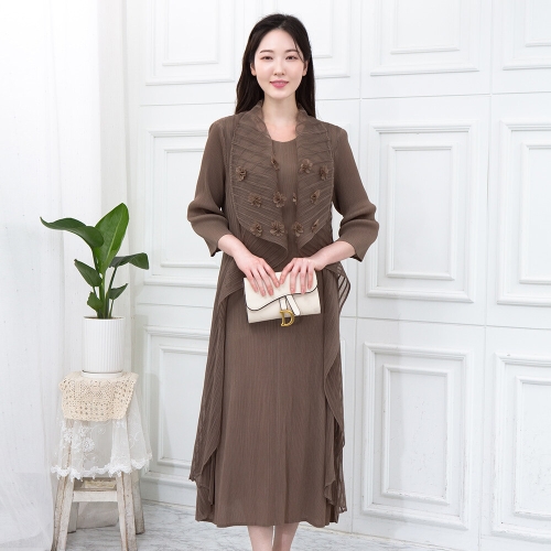 모슬린 엄마옷 코사지 플리츠 원피스 OP613375 중년여성/50대/60대/70대/빅사이즈/할머니옷_이미지
