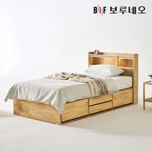 BIF보루네오 카뮤Po 4서랍 고무나무 원목 수납 LED침대 SS