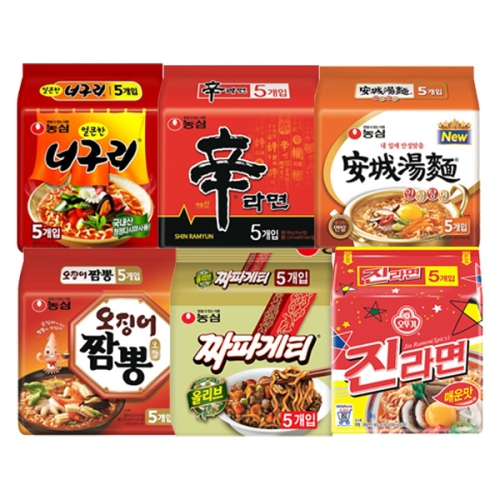 농심 신라면5개 + 오징어짬뽕5개 + 짜파게티5개 + 안성탕면5개 + 얼큰한너구리5개 + 진라면매운맛5개