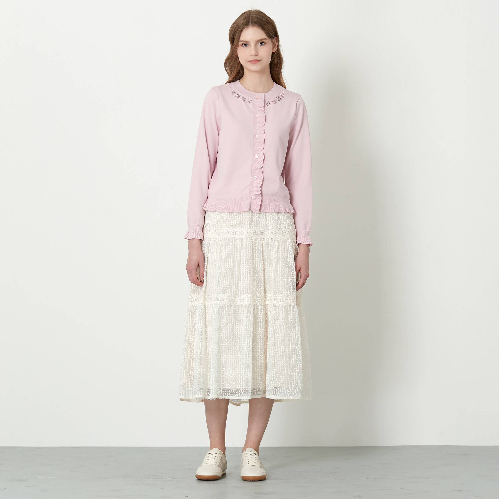 기비 레이스 믹스 롱 플레어 스커트 GY26S1FRK4591