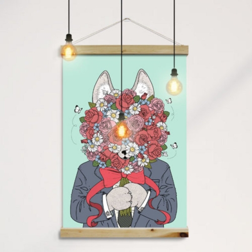  우드스크롤_60CmX90Cm-꽃을든여우-꾸밈