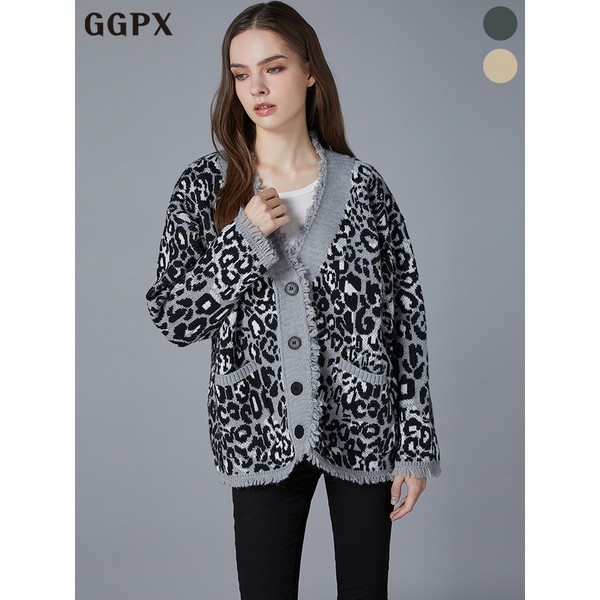 GGPX 프린지 배색 레오파드 패턴 니트 가디건 GOBKG036F_이미지