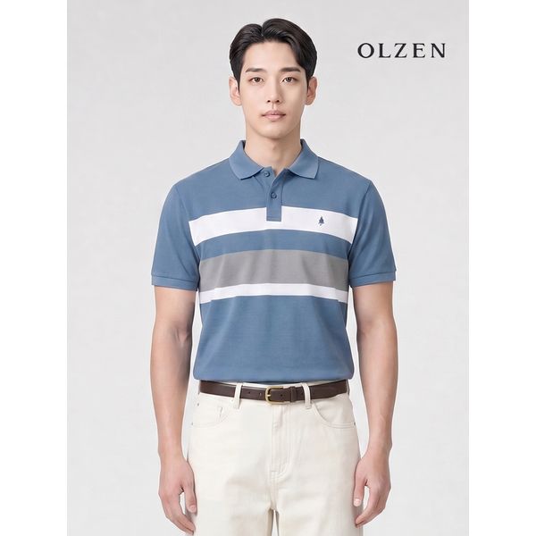 올젠 남성 블럭 배색 카라티셔츠 반팔 블루 ZPF2TT1805_이미지