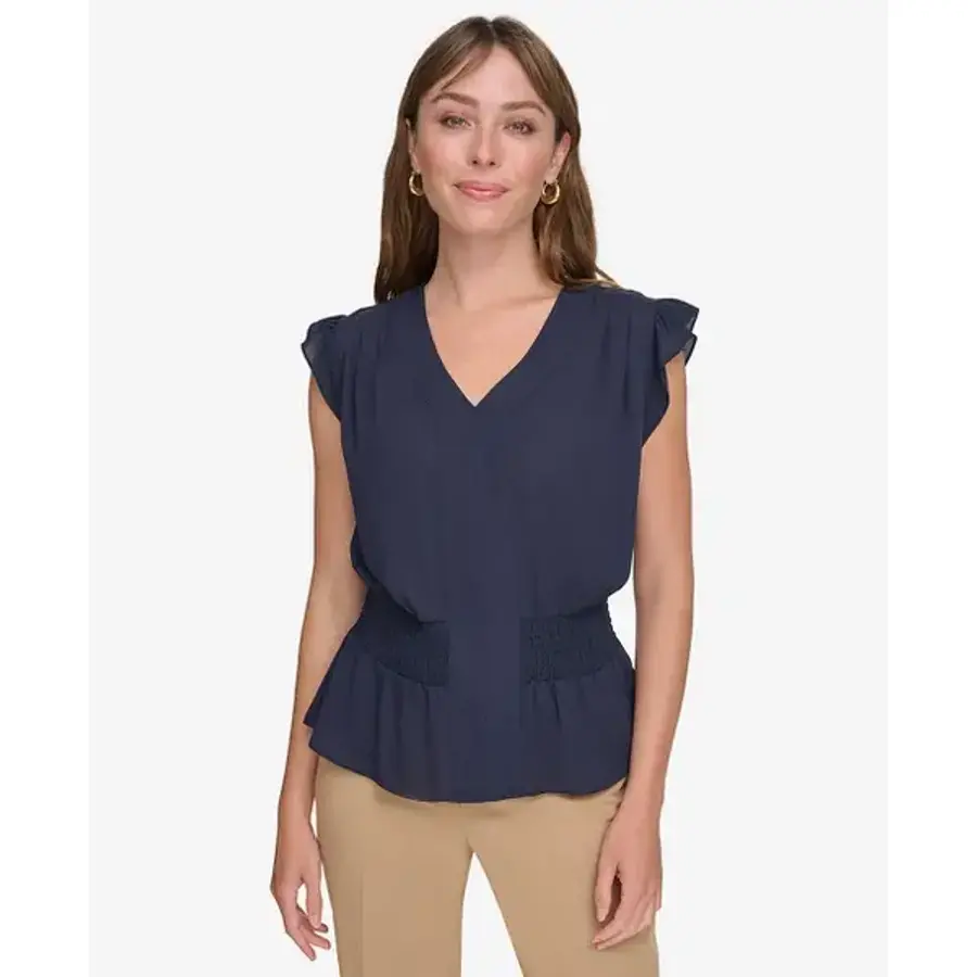 타미힐피거 여성 반팔 블라우스 티셔츠 Ruffled Smocked 브이넥 Top 827546