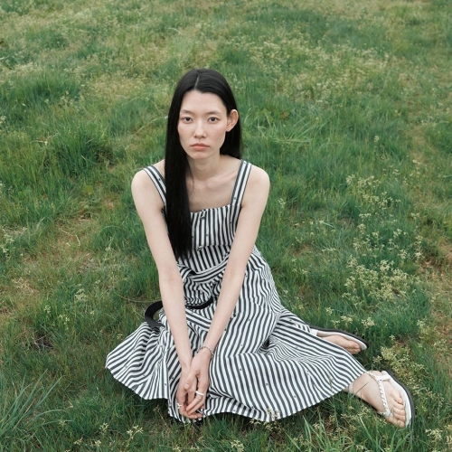 쥬크 여성 로고자수 스트라이프 마린 원피스_Z252MSE029