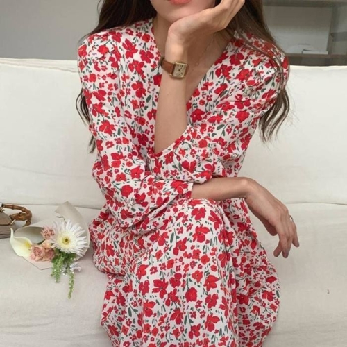 오노마 G126503 플라워쉬폰 V넥 밴딩원피스 시스루 V넥 롱 멕시 밴딩 칠부 봄여름 꽃 쉬폰 원피스_이미지
