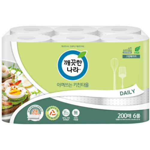 깨끗한나라 ㅤ아껴쓰는 키친타올 200매 (6롤) *1팩_이미지