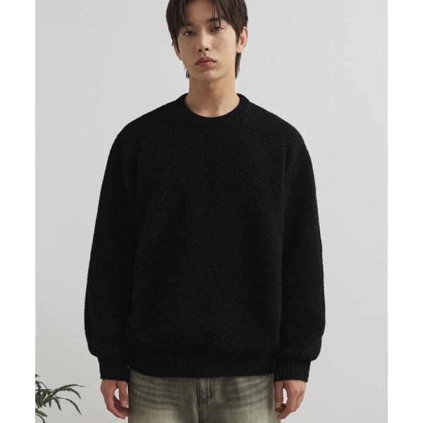 드로우핏 ltgt DRAWFIT DRAW FIT 와플 텍스쳐 라운드 풀오버 니트 BLACK DFKN4306BK 607914_이미지
