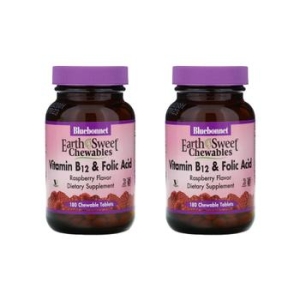 블루보넷 뉴트리션 EarthSweet 츄어블 비타민B-12 및 엽산 라즈베리맛 180캡슐 (2개)_이미지