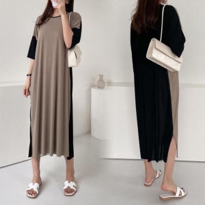 빅사이즈 여성 배색주름옆트임원피스 L054H 루즈핏 11335238_이미지