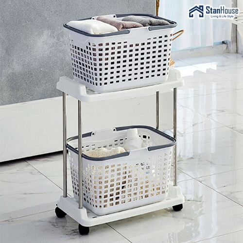 한양켐 스텐하우스 NEW 2단 이동식 빨래바구니 선반형