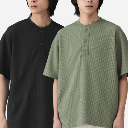 MUJI 남성 자외선 차단 흡습 속건 와플 헨리넥 반팔 티셔츠 76912507_이미지