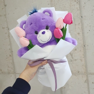  케어베어 인형 꽃다발 퍼플