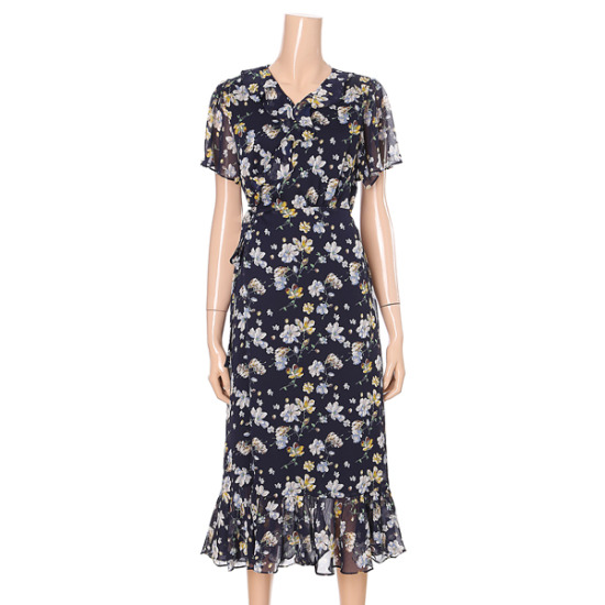 한국월드패션 오조크 플라워 프릴 롱로브랩 원피스 715-55119