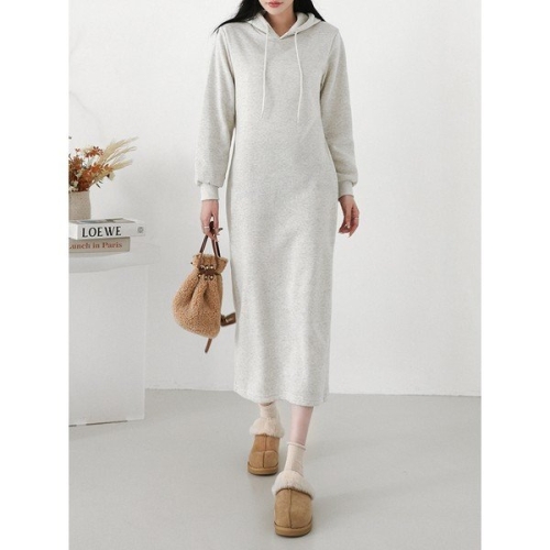 시크루즈 올다 기모 뒷 절개 베이직 후드 원피스_BDOG492_이미지