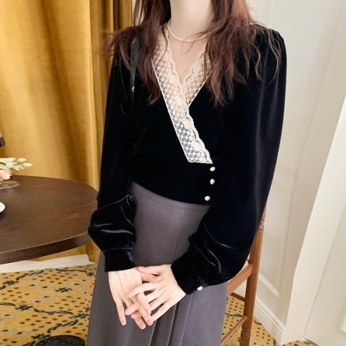 시선집중 랩스타일 레이스 벨벳 블라우스 mbl1447