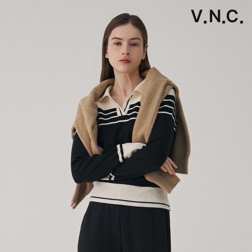  비지트인뉴욕 오픈 칼라넥 스트라이프 니트 VB2LKE2 BLACK 39 FFF