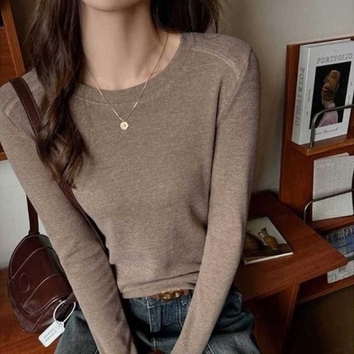 ONM 가을 데이트 룩 여성 면 긴팔 무지 라운드 넥 41309713