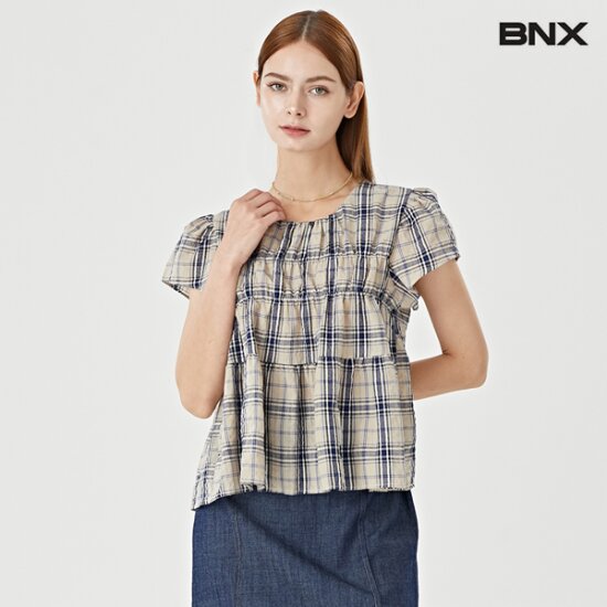 아비스타 BNX 러블리 체크 라운드 셔링 반팔 블라우스 BW2BL019L0