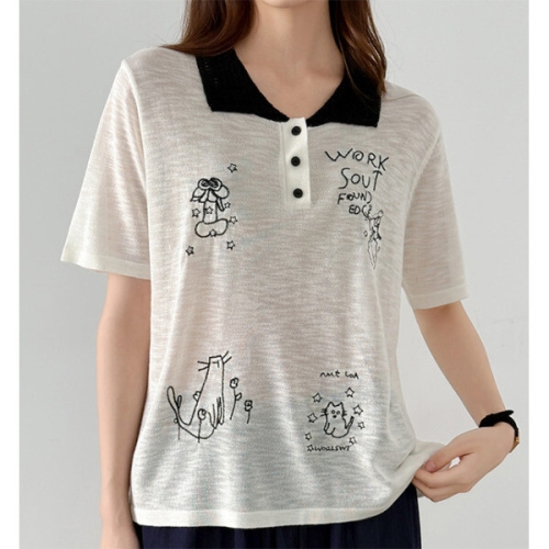 기타 패션시그널자수 일러스트 카라넥 니트티셔츠 EB731F