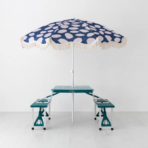 마켓비 로밀 파라솔 블루패턴 + 캠폴 야외 의자일체형 접이식 테이블 4인세트 그린
