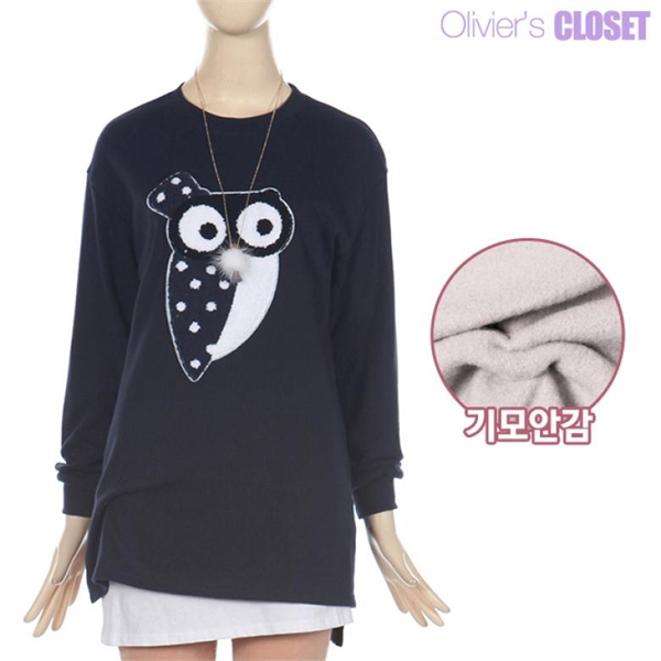 올리비에스클로젯 부엉이 패치 기모 롱 티셔츠 O1811TS936D_이미지