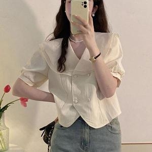 셀러허브 여자 여름 유니자켓형 트렌드 반팔 블라우스 데일리 빅카 S32189011_이미지