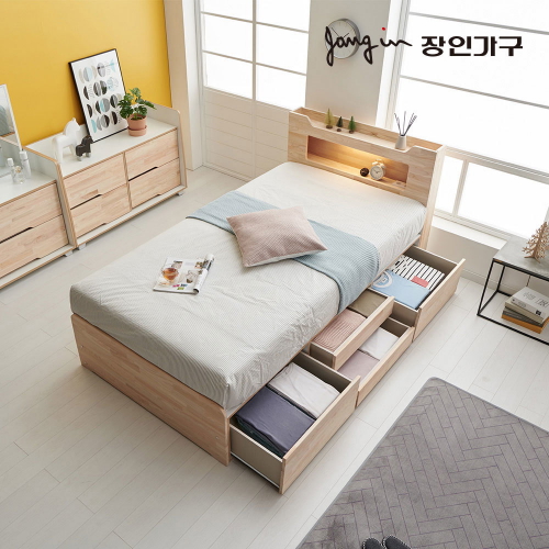 장인가구 아로마 4단 수납 편백나무원목 LED침대 SS (매트별도)_이미지