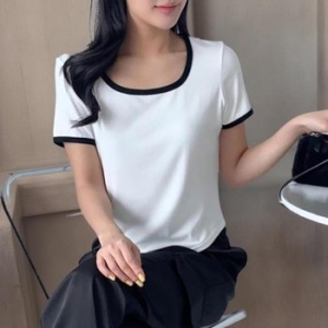 비스코스 CCT9699여성 슬림핏 스퀘어넥 반팔 티셔츠 배색 디자인_이미지