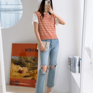 옷자락 여자 가을 송송 단가라 스트라이프 라운드 니트 조끼 WJK10274