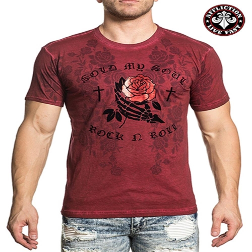 어플릭션 기사미 장미프린팅 십자가티셔츠 타투반팔티 A19332 DK.RED OIL STAIN WASH L 110_이미지