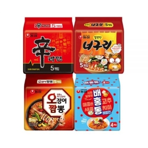 농심 신라면5개 + 얼큰한너구리5개 + 오징어짬뽕5개 + 배홍동비빔면4개_이미지