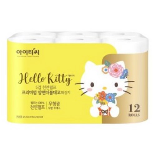 아이티씨 헬로키티 5겹 천연펄프 프리미엄 양면더블데코 화장지 25m (12롤)