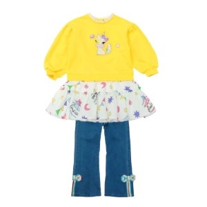 프렌치캣 YE 배색 나염 OP-리본 장식 데님 P.T세트 Q51DBO150-BP100