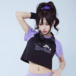 산리오 쿠로미 반팔 티셔츠 여성 혼합 색상 하이웨스트 복부 핫스위트 다목적 상의 고퀄리티 EZ3006962_이미지