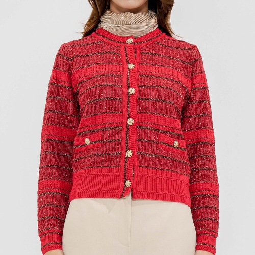 패션그룹형지 캐리스노트 메탈사 혼용 배색 라운드넥 변형 가디건 레드 CN4SKG201RE