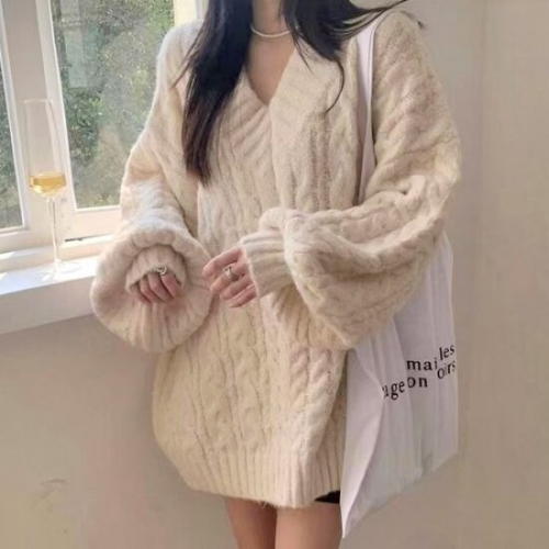 쏭스타일 벌룬꽈배기브이넥루즈핏니트_이미지