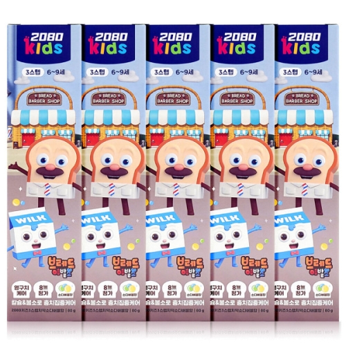 애경 2080 키즈 3스텝 브레드 이발소 치약 소다버블향 80g (5개)