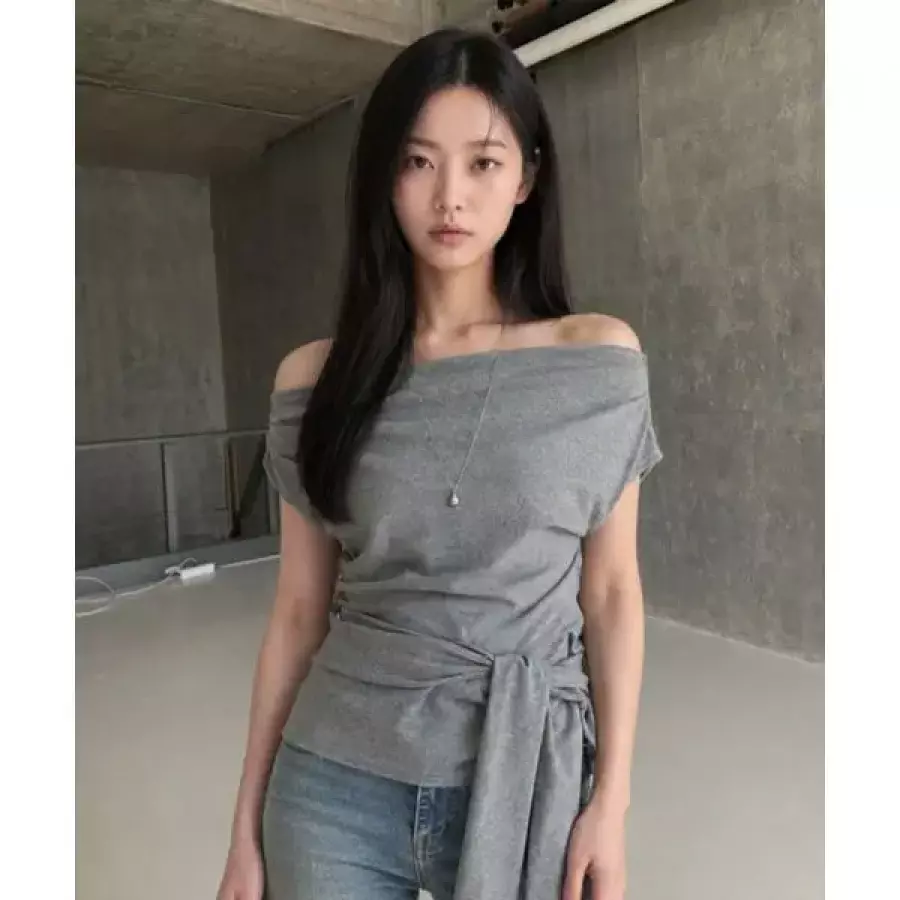 언발란스 드레이프 스트랩 티셔츠 MELANGE GREY GF2LTS531