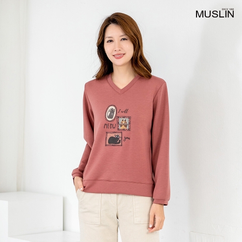 모슬린 엄마옷 브이넥 고양이 캐주얼 긴팔면티셔츠 TS512089 중년여성/50대/60대/70대/빅사이즈/할머니옷_이미지