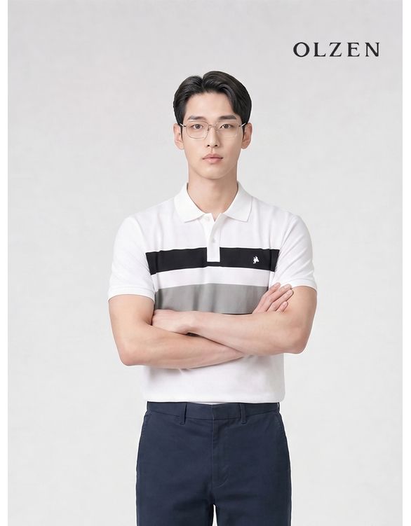 올젠 남성 블럭 배색 카라티셔츠 반팔 화이트 ZPF2TT1805_이미지