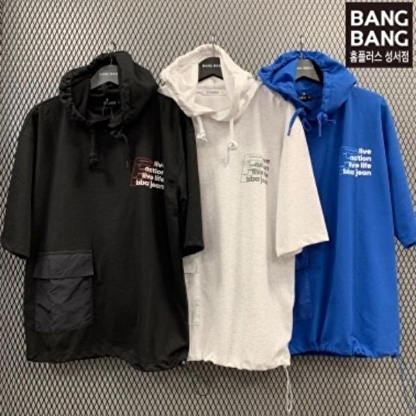 뱅뱅 HC04 봄남성 오버핏 후드5부 반팔 티셔츠 레터링포켓 후드티얇은두께부드러운 10091369_이미지