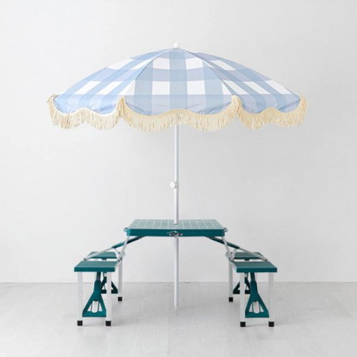 마켓비 로밀 파라솔 스카이블루패턴A + 캠폴 야외 의자일체형 접이식 테이블 4인세트 그린