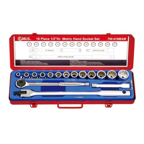 지니어스 1/2인치 12각 롱 핸드소켓 세트 TW-416MAM (16pcs)_이미지